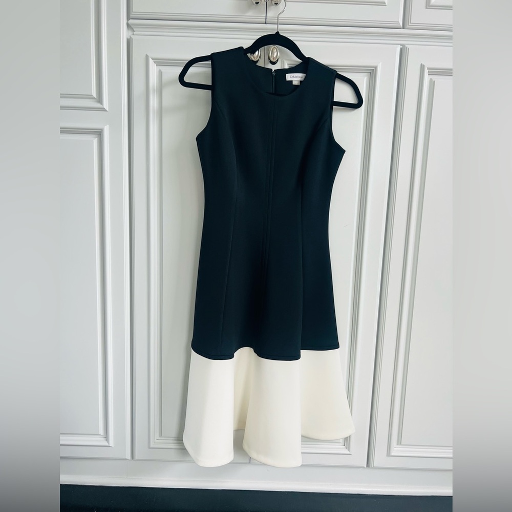 Calvin Klein Black Dress White Bottom Band NWT Fit & Flare Size 2